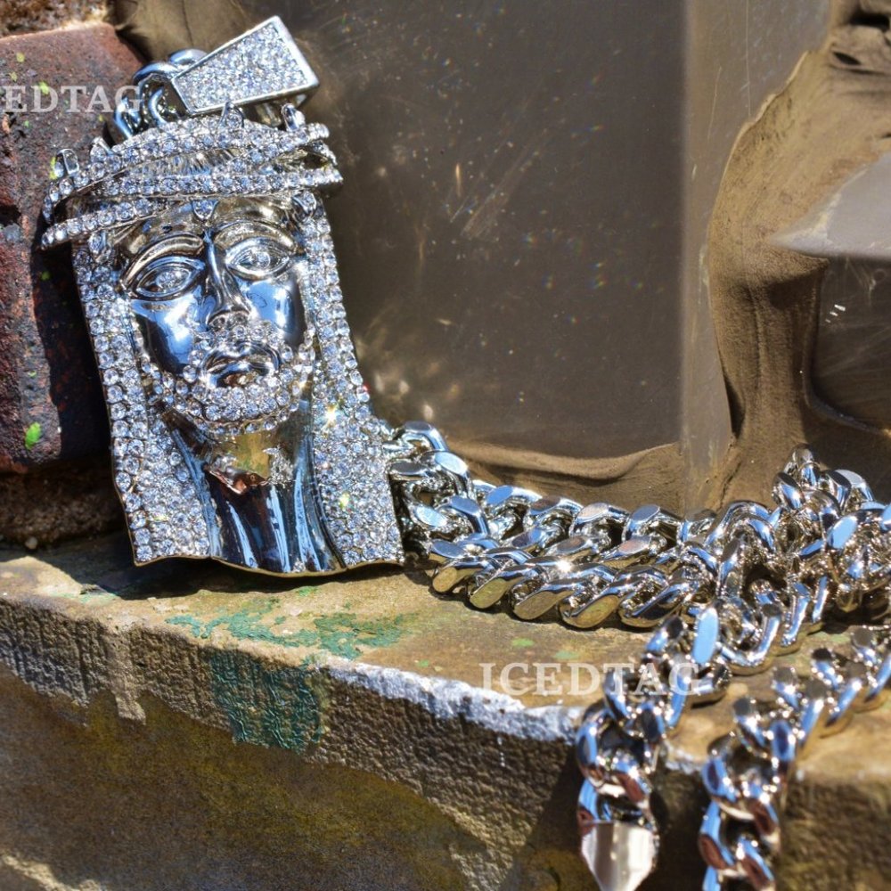 Iced Out XL Size Jesus Head Pendant, Cuban Chain